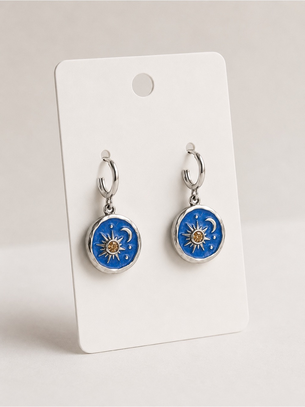 Silver Hoop Earrings with Blue Sun & Moon Medallions
